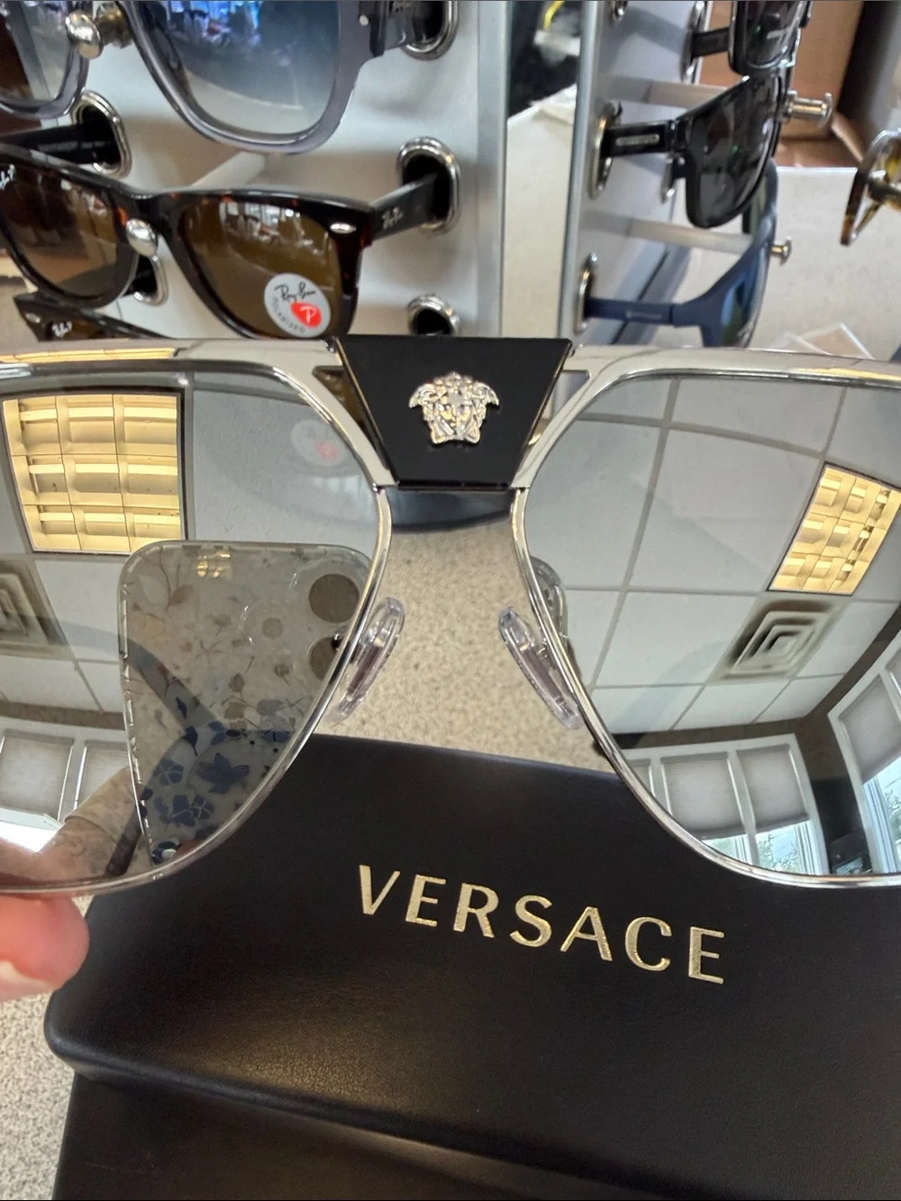 Versace Men’s Silver Mirrored Aviator Sunglasses with Black Bridge